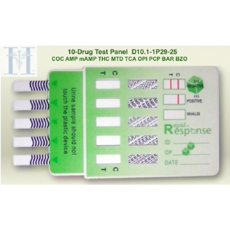 Test Drug Urine Drugs of Abuse Test Rapid Response™ 10-Drug Panel AMP1000, BAR300, BZO300, COC300, mAMP/MET1000, MTD300, OPI2000, PCP2, TCA1000, THC50 Urine Sample 25 Tests by BTNX Inc.  ID D10.1-1P29-25